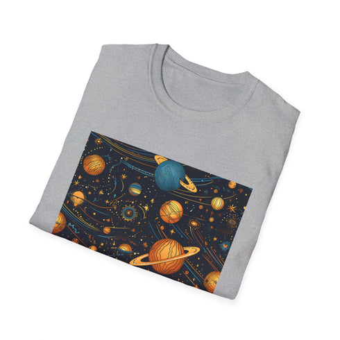 Charcoal cotton crew neck T-shirt with whimsical celestial pattern