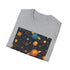 Charcoal cotton crew neck T-shirt with whimsical celestial pattern
