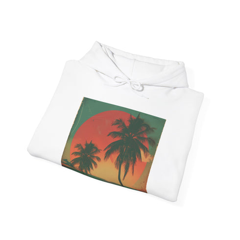 Sunset tropical navy hoodie with palm trees and fiery sky.
