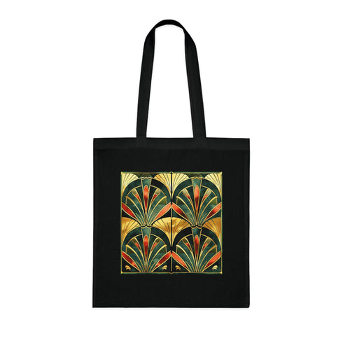 Stylish black cotton tote with abstract Art Deco patterns.