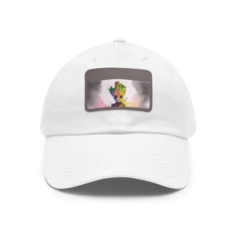 Neon watercolor Baby Groot baseball cap with light brown patch.