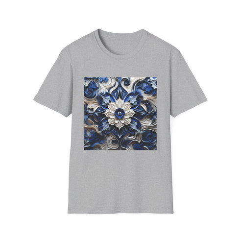 Porcelain blue blossom tee with delicate floral design, soft cotton fabric.