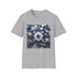 Porcelain blue blossom tee with delicate floral design, soft cotton fabric.