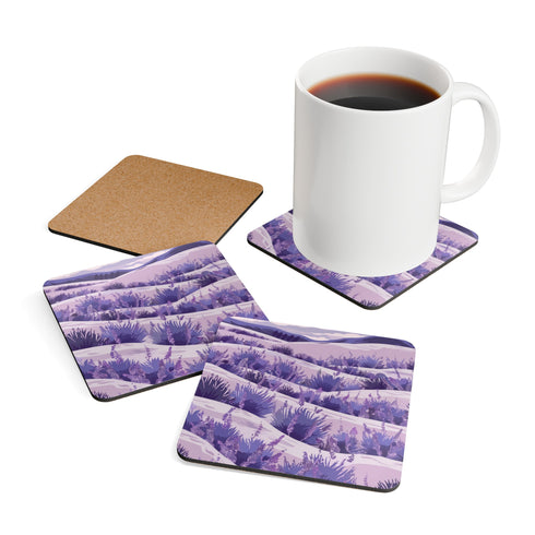 Lavender Fields Corkwood Coaster Set with serene summer sublimation pattern.
