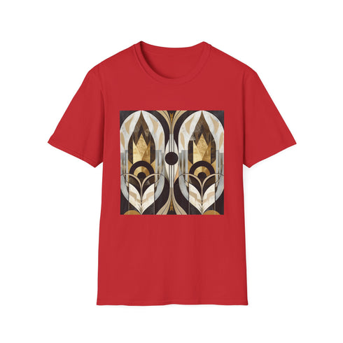 Charcoal cotton t-shirt with vibrant geometric art deco patterns