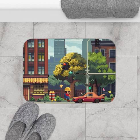 8-Bit Blast Bath Mat - Retro Gaming Inspired Pixel Design - High-Quality and Stylish - Perfect Size for Any Bathroom - Makes a Great Gift - Available at BenCPrints