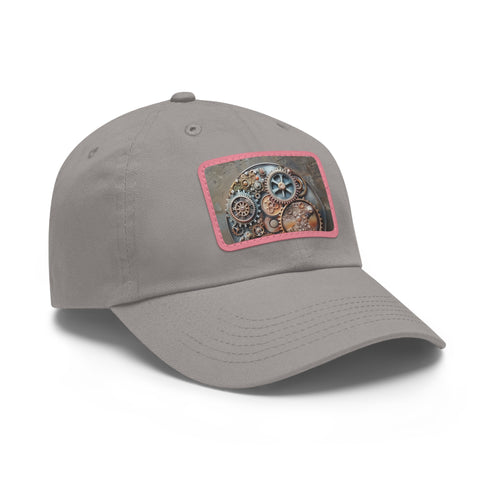 Steampunk baseball cap with gear design on light brown patch.