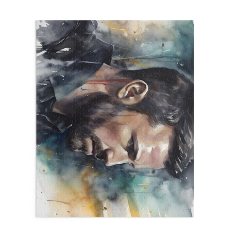 Vibrant watercolor Batman portrait puzzle for fans of the Dark Knight.