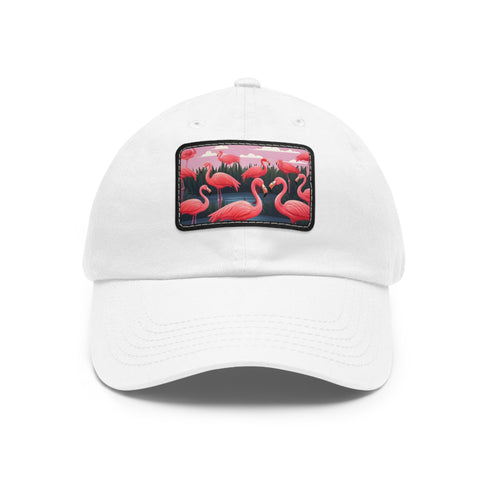 Flamboyant Flamingo Print Baseball Cap in White with Light Brown Patch