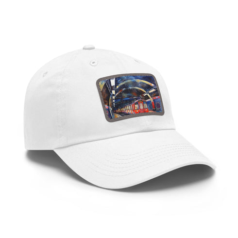 London Underground watercolor baseball cap in white with light brown patch.