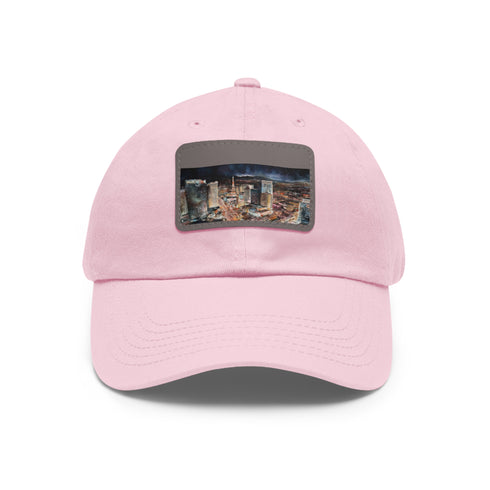 Vibrant Vegas skyline baseball cap in neon shades on white.