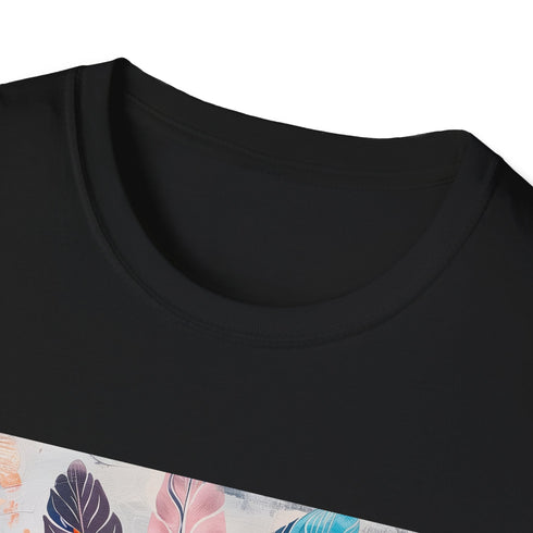 Charcoal Bohemian feather design cotton T-shirt with crew neck and regular fit