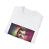 Vibrant charcoal cotton T-shirt with watercolor neon comedy graphic