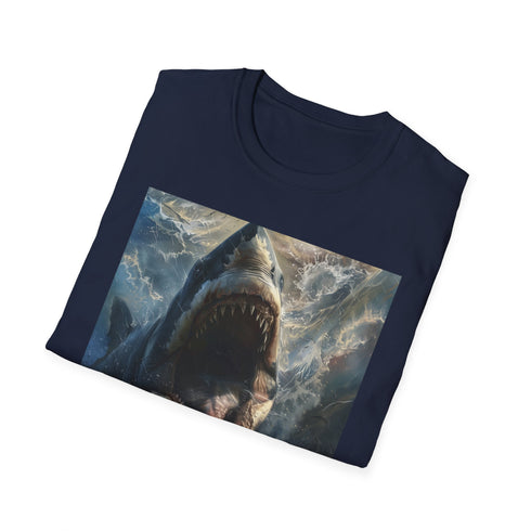 Charcoal cotton t-shirt featuring vivid Megalodon painting with crew neck design