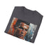 Charcoal crew neck cotton T-shirt with Ronaldo watercolor art vibrant and dynamic