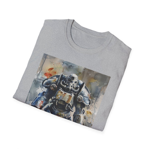 Watercolor Fallout Power Armor design on charcoal cotton crew neck t-shirt