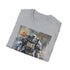 Watercolor Fallout Power Armor design on charcoal cotton crew neck t-shirt