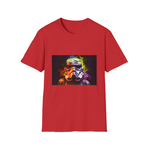 Neon-hued charcoal cotton T-shirt featuring vibrant Stormtrooper-inspired art
