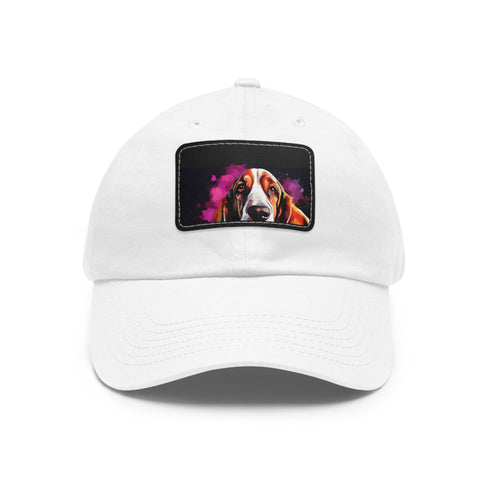 Embroidered white cotton hat with playful basset hound patch.