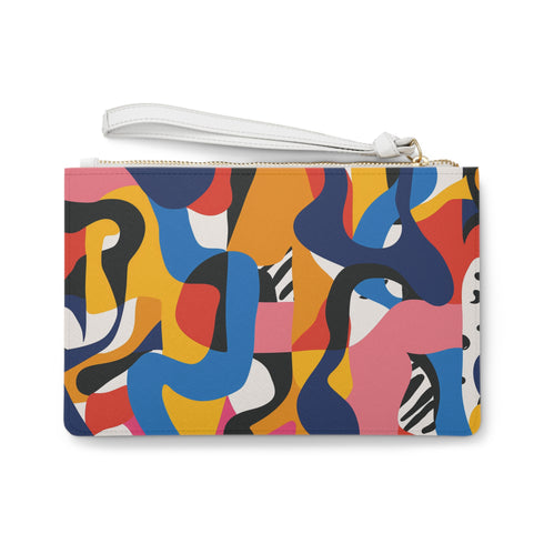 Abstract clutch bag with bold bright colors, vegan material, USA-made.