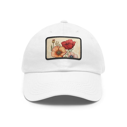 Blooming Blossoms Baseball Cap in White with Light Brown Rectangle Patch
