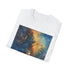 Charcoal galaxy painting T-shirt with vibrant cosmic design and crew neck