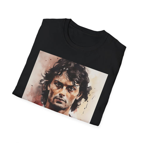 Charcoal cotton crew neck tee showcasing Paolo Maldini watercolor portrait vibes.