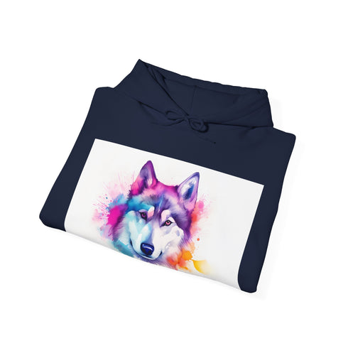 Wolfish Charm Husky Hoodie in Navy, size S, unisex regular fit.