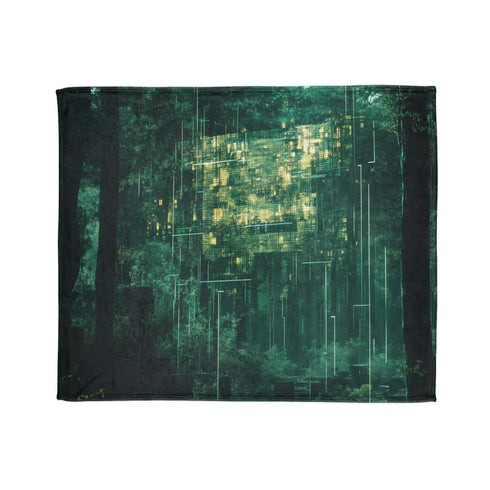 Hologram of the Past Glitching in Forest — Plush Fleece Throw Blanket — Draped Over Sofa & Bed Lifestyle View