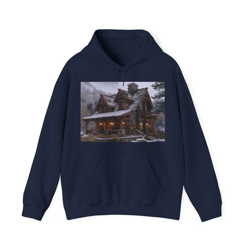 Rustic navy hoodie with mountain cabin design, cozy unisex fit.