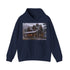 Rustic navy hoodie with mountain cabin design, cozy unisex fit.