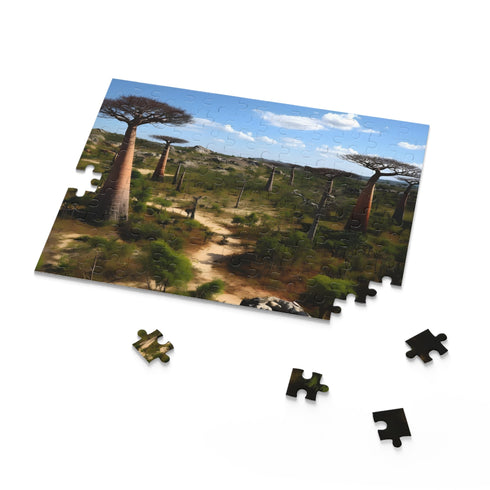 Vibrant Madagascar biodiversity jigsaw puzzle with flora and fauna.