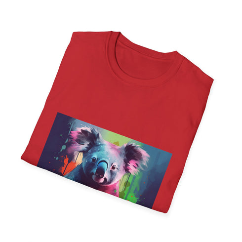 Charcoal crew neck T-shirt featuring calming watercolor koala design in soft cotton
