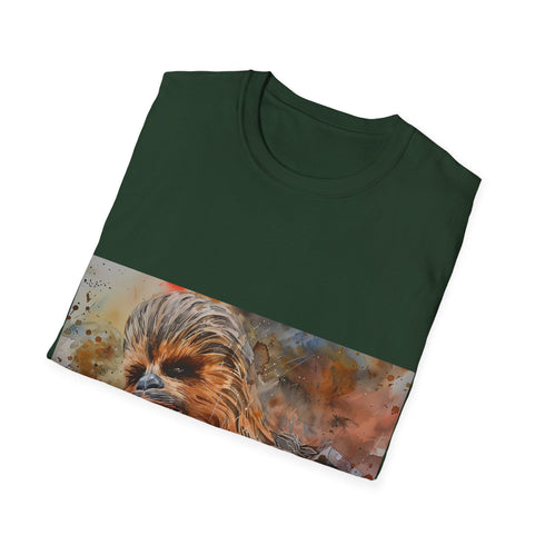 Textured charcoal crew neck t-shirt featuring vibrant Chewbacca watercolor design