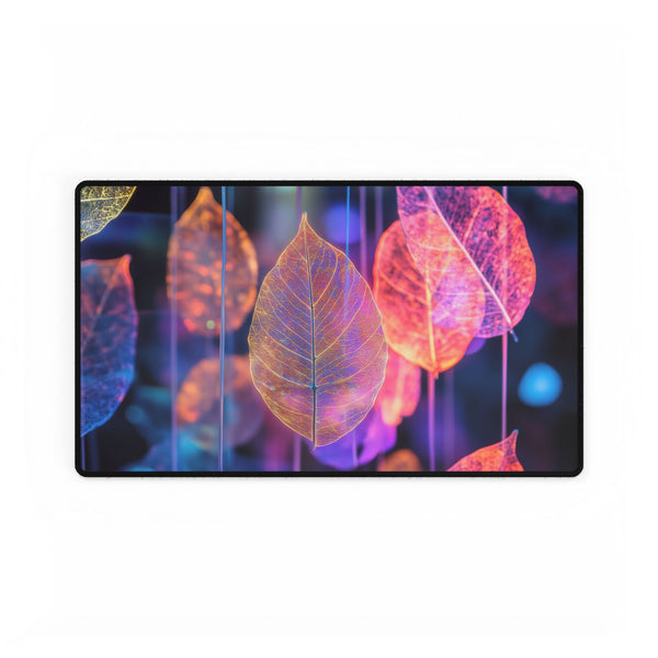 Dreamscape with Levitating Neon Leaves ā XL & XXL Desk Mat ā Gaming & Workspace Desk Setup View