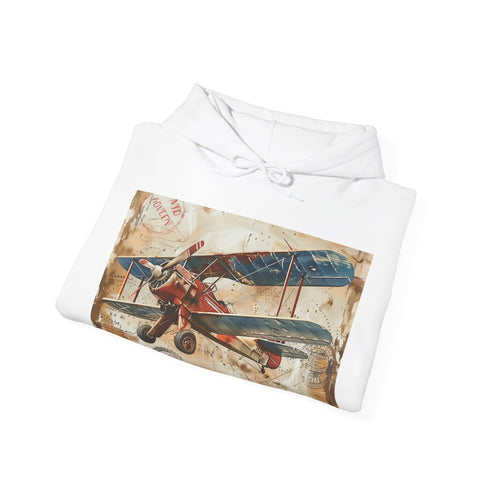 Vintage airplane print navy hooded sweater for travel enthusiasts.