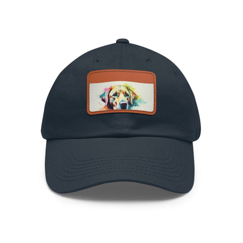Embroidered white baseball cap with cute Labrador patch.