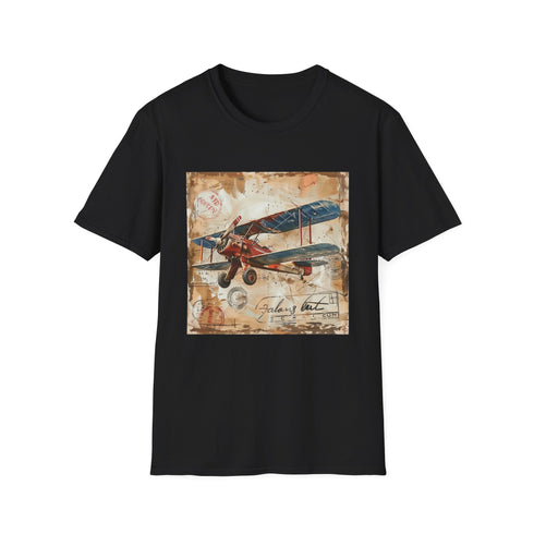 Charcoal crew neck t-shirt with vintage airplane and travel stamp design