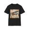Charcoal crew neck t-shirt with vintage airplane and travel stamp design