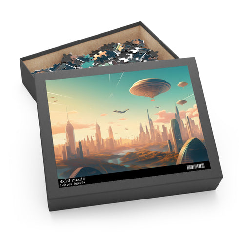 Futuristic flying cityscape puzzle with skyscrapers and flying cars.