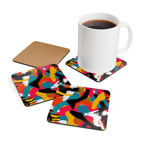 Bright abstract square coaster set, vibrant corkwood with seamless pattern.