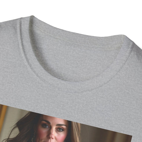 Charcoal crew neck T-shirt featuring a textured portrait of Kate Middleton