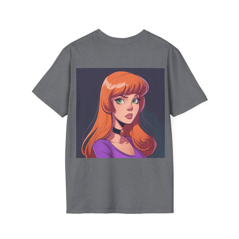 Vibrant Daphne Scooby-Doo themed tee in charcoal cotton.