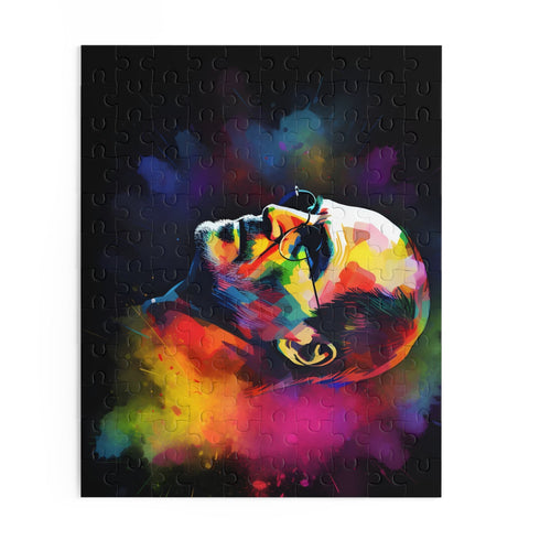 Neon Steve Jobs watercolor puzzle, vibrant colors, 10" x 8" dimensions