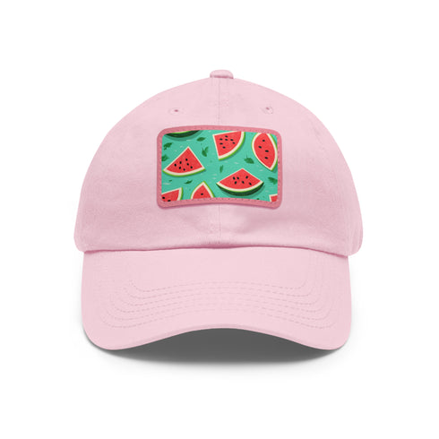 Watermelon print Hawaiian cap in white with light brown patch.