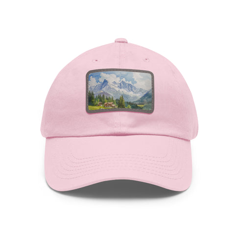 Swiss Alps watercolor baseball cap with white/light brown patch.