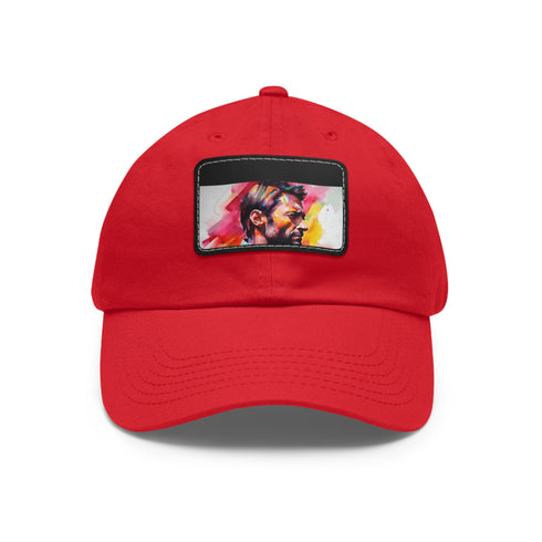 Hugh Jackman watercolor baseball cap in neon colors with light brown patch.