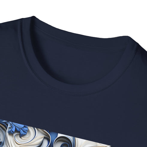 Porcelain Blue Blossom Tee Charcoal S T-Shirt Soft Floral Elegant Cotton