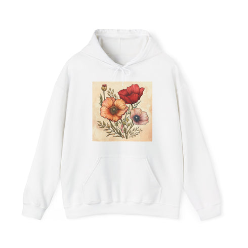 Nature-inspired navy floral hoodie for men and women, size small.
