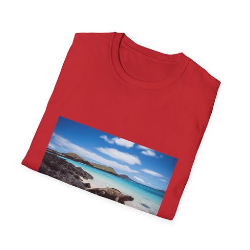 Charcoal cotton T-shirt with vibrant Galapagos Islands ecosystem design